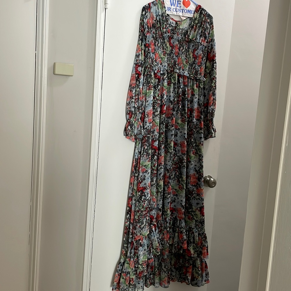 Cinq a Sept Leigh ruffle smocked dress in powder blue multicolor
